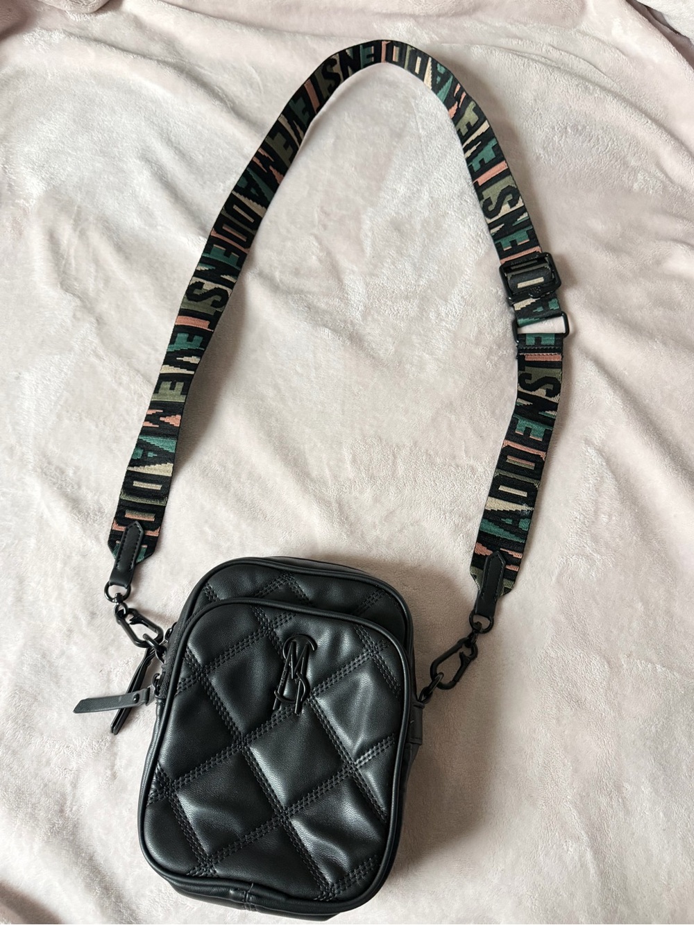 Steve Madden Black Quilted Crossbody Bag with Multicolor Logo Strap